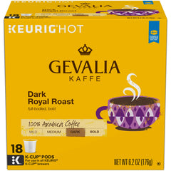 Gevalia box front showing Dark Royal Roast branding and 18-count benefit