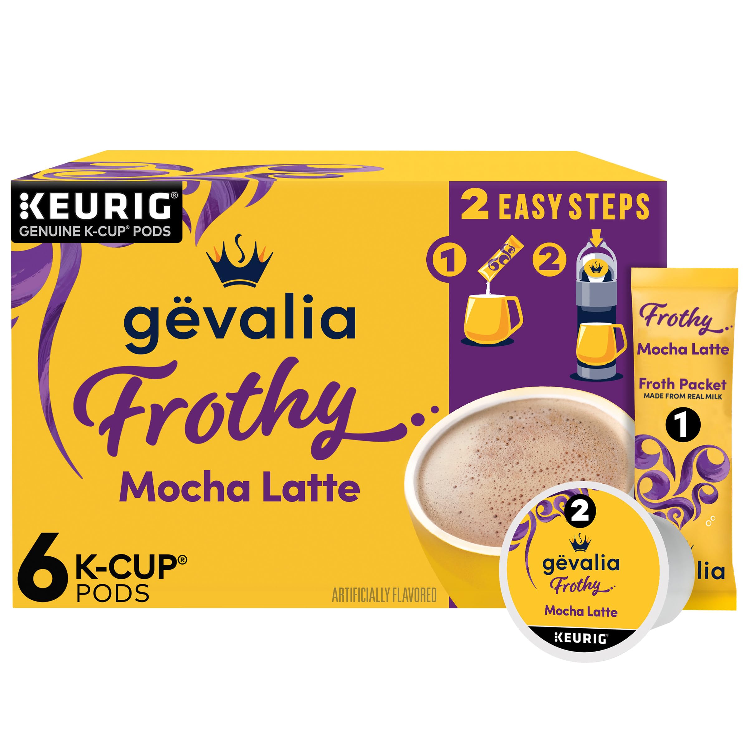 Gevalia front packaging showing 6-count pods and mocha latte benefit convenience