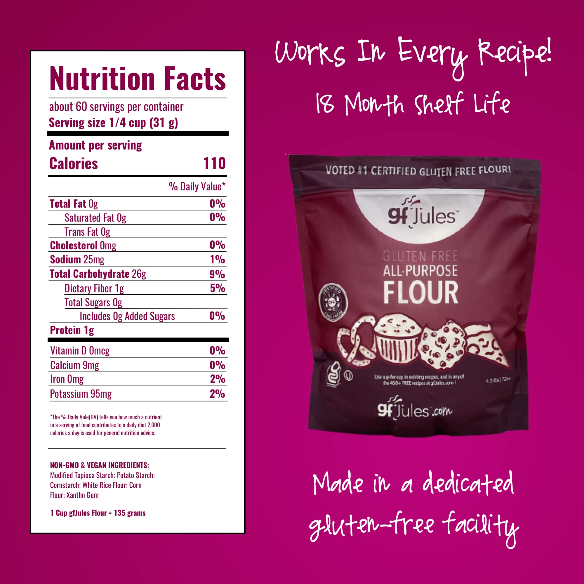 gfJules flour next to measuring cup and scale illustrating 15-cup pouch quantity