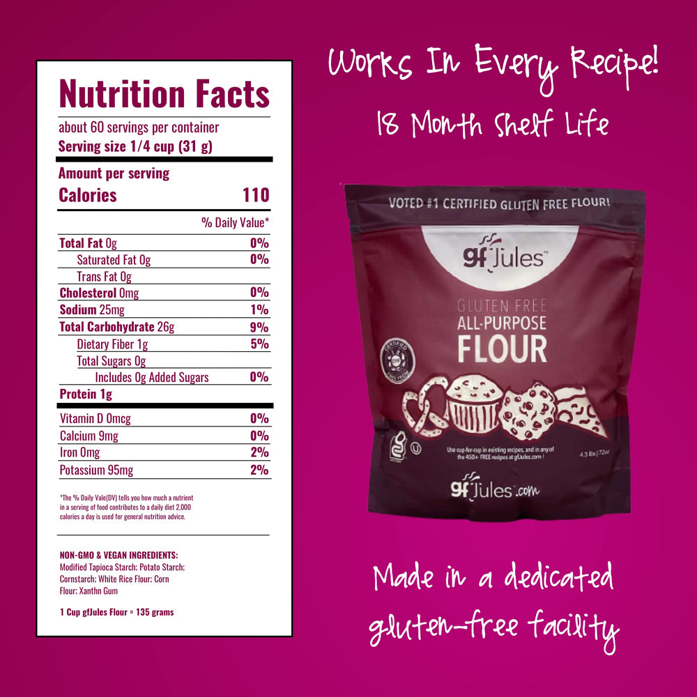 gfJules flour next to measuring cup and scale illustrating 15-cup pouch quantity