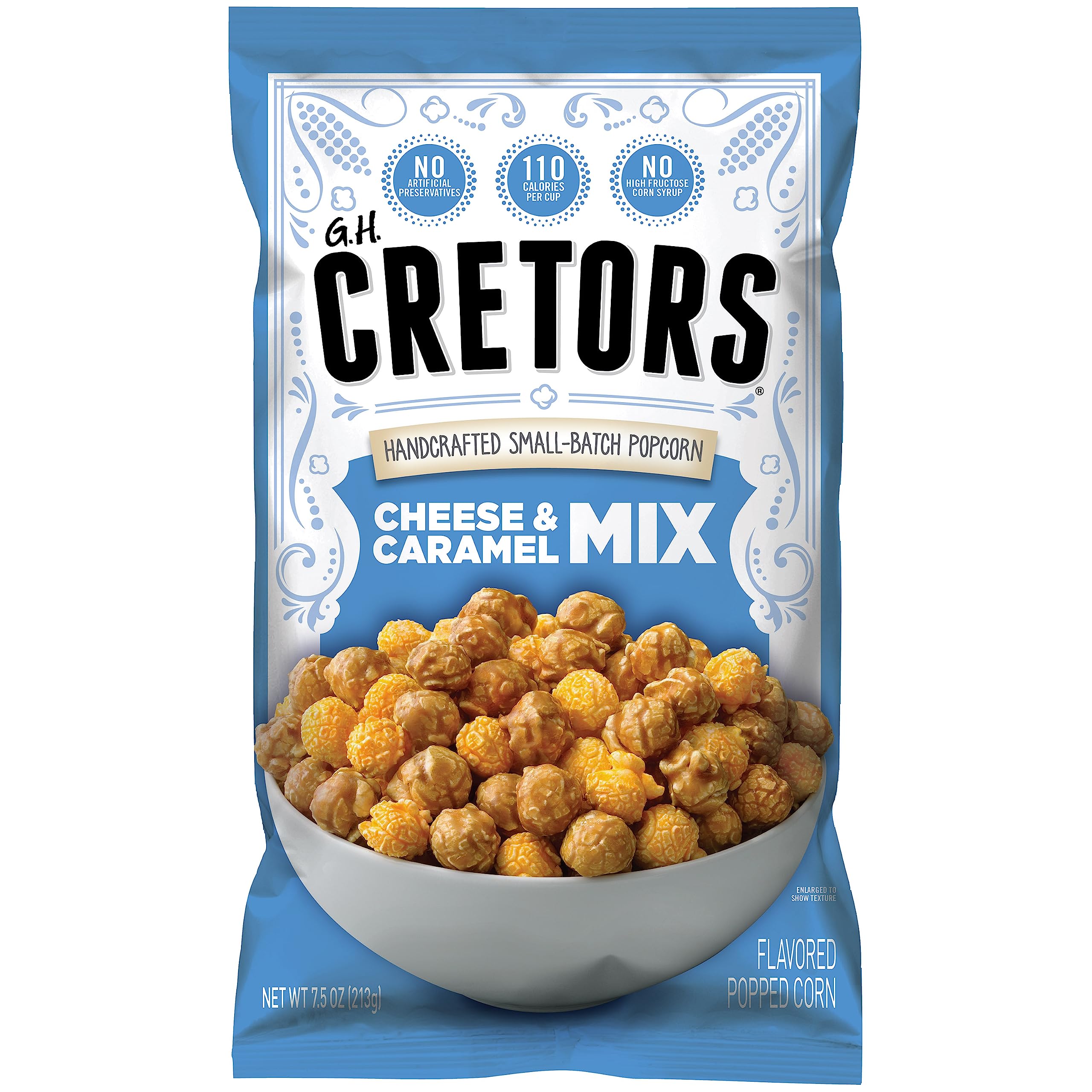 G.H. Cretors front packaging showing cheese and caramel flavors for convenient snacking