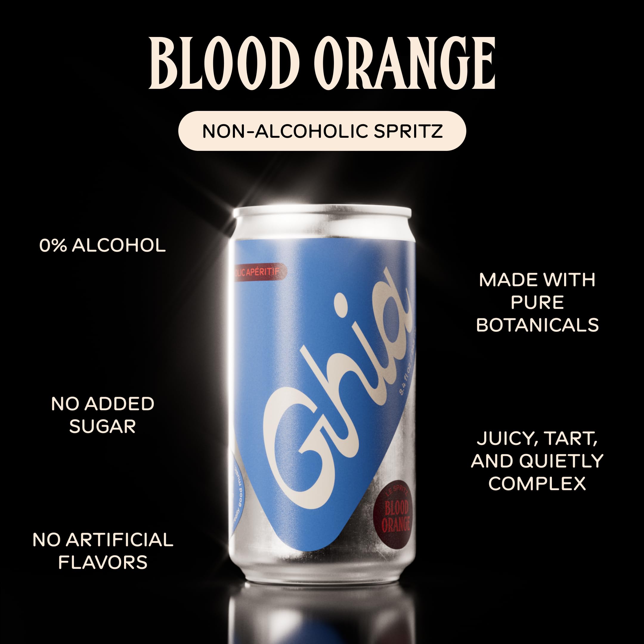 Top view of Ghia canned mocktail can highlighting pull tab and sleek design for easy serving
