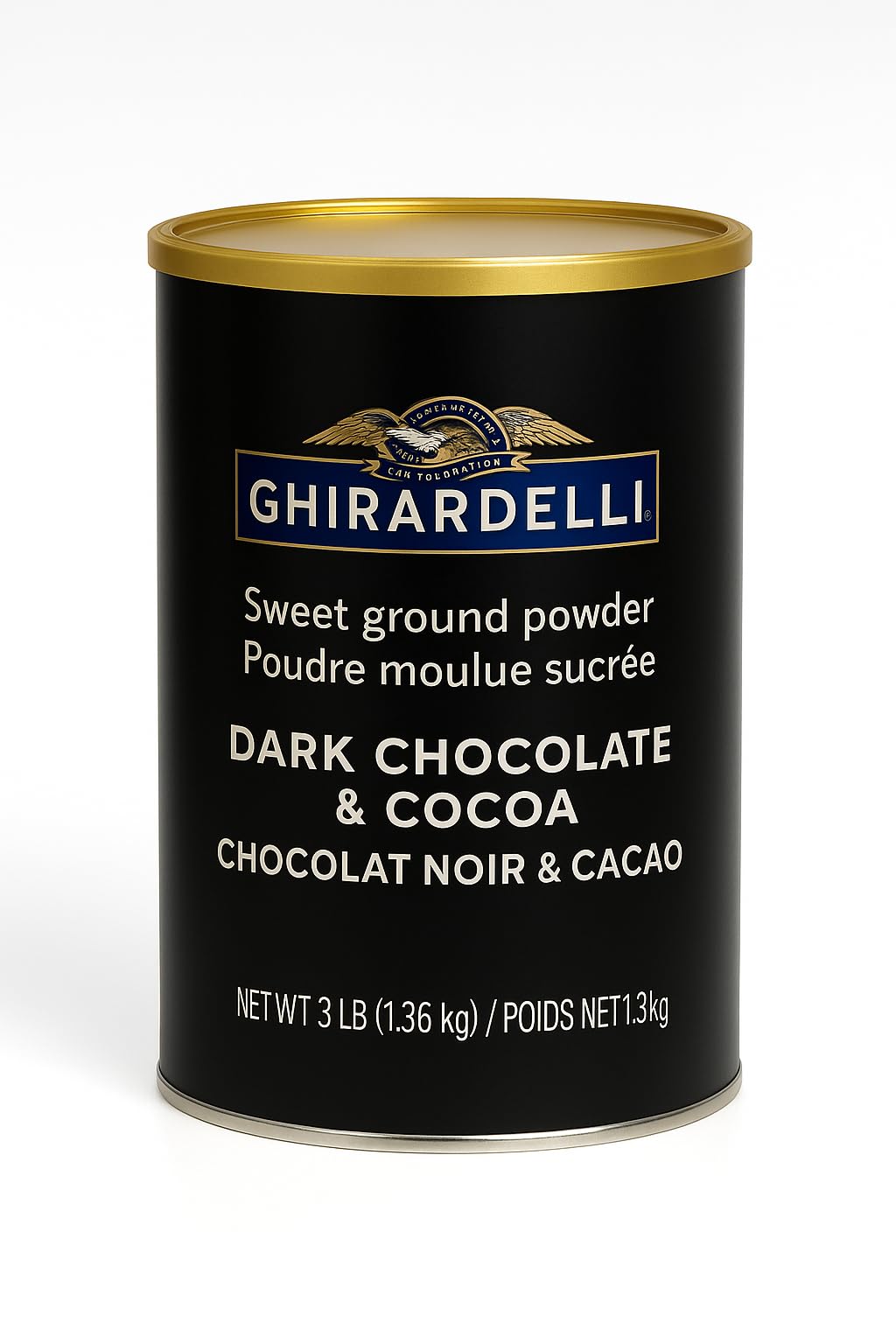 Ghirardelli can with baking ingredients demonstrating how it enhances desserts and recipes