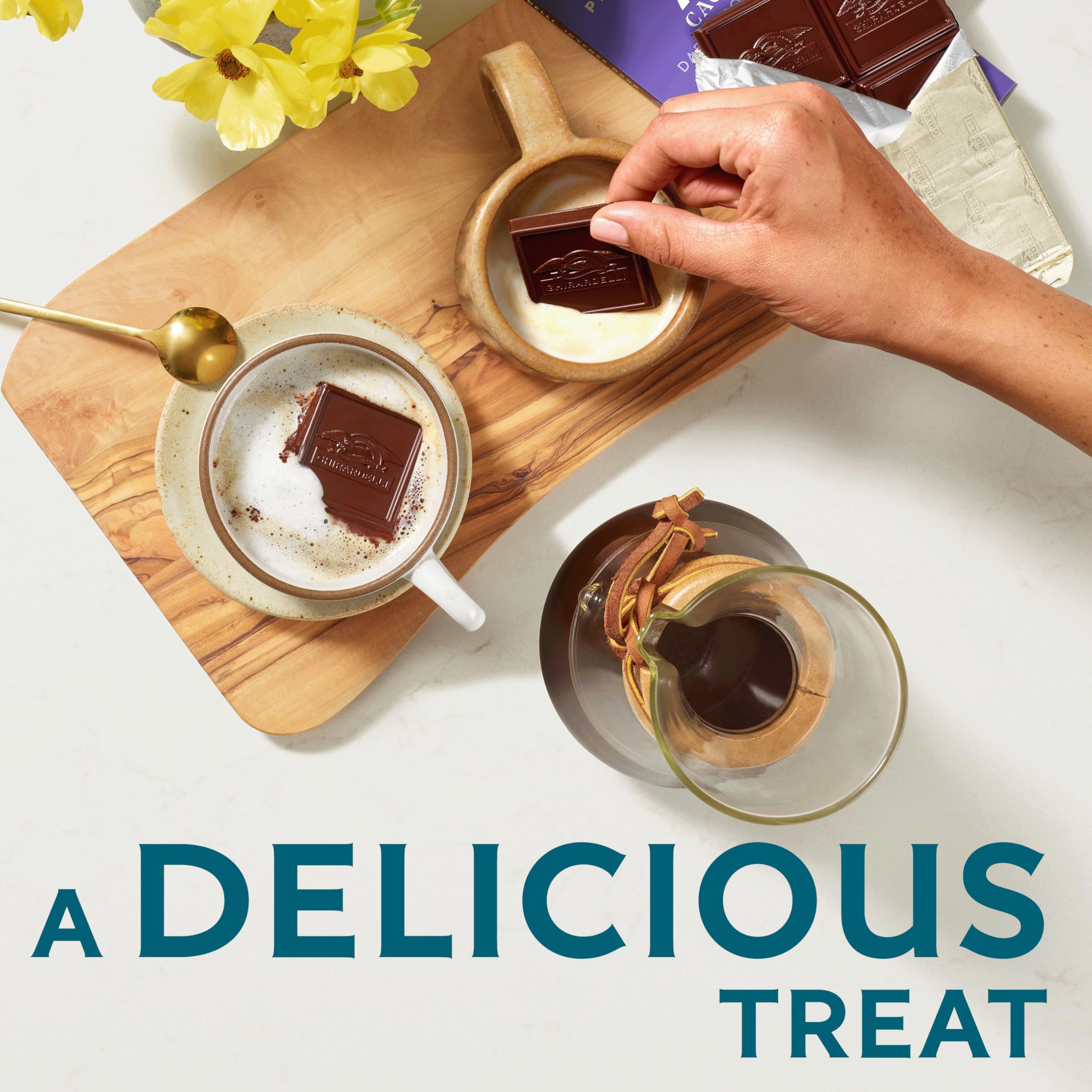 Ghirardelli bar held in hand indicating portion size and convenience