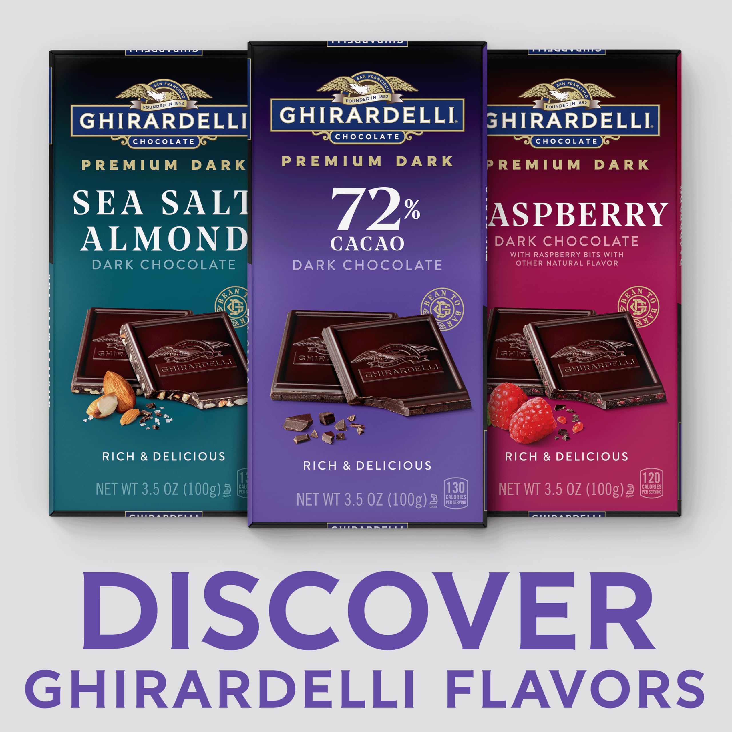 Ghirardelli unwrapped dark chocolate bar displaying smooth snap and sheen