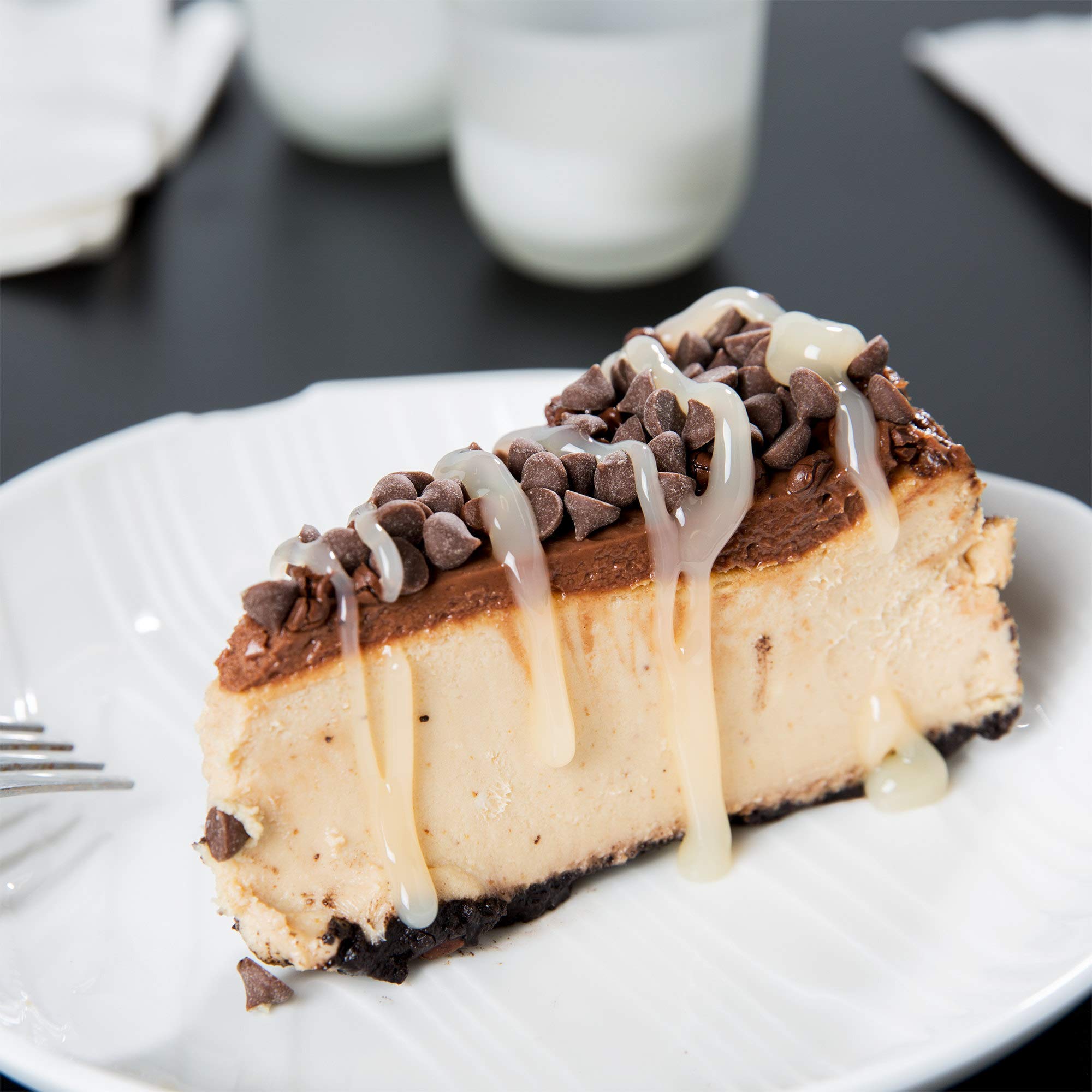 Ghirardelli chocolate sauce pour over dessert showing rich depth and even coverage