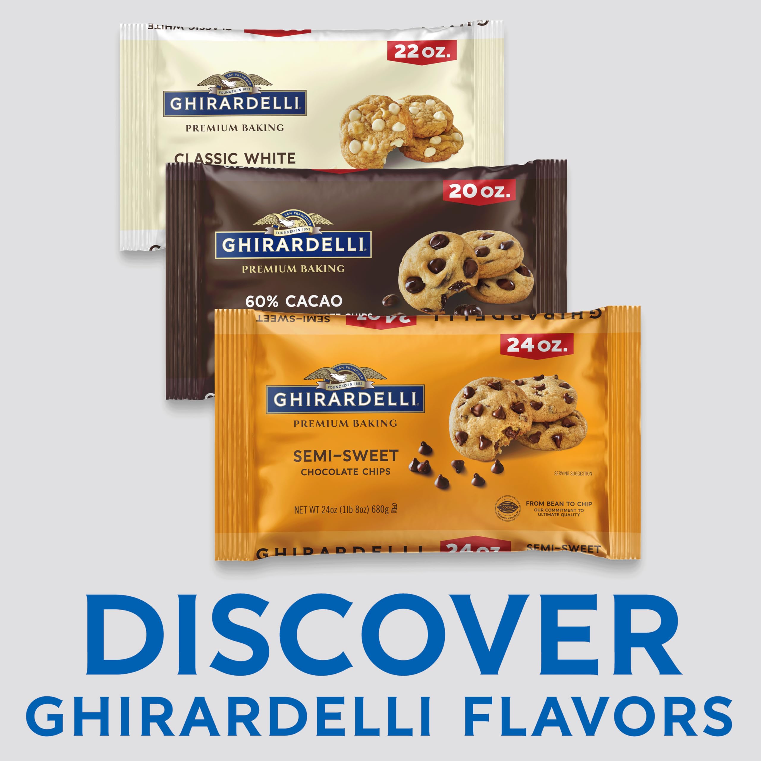 GHIRARDELLI close-up of semi-sweet chips highlighting smooth texture and even meltability