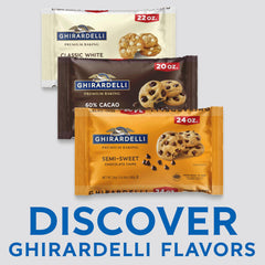 GHIRARDELLI close-up of semi-sweet chips highlighting smooth texture and even meltability