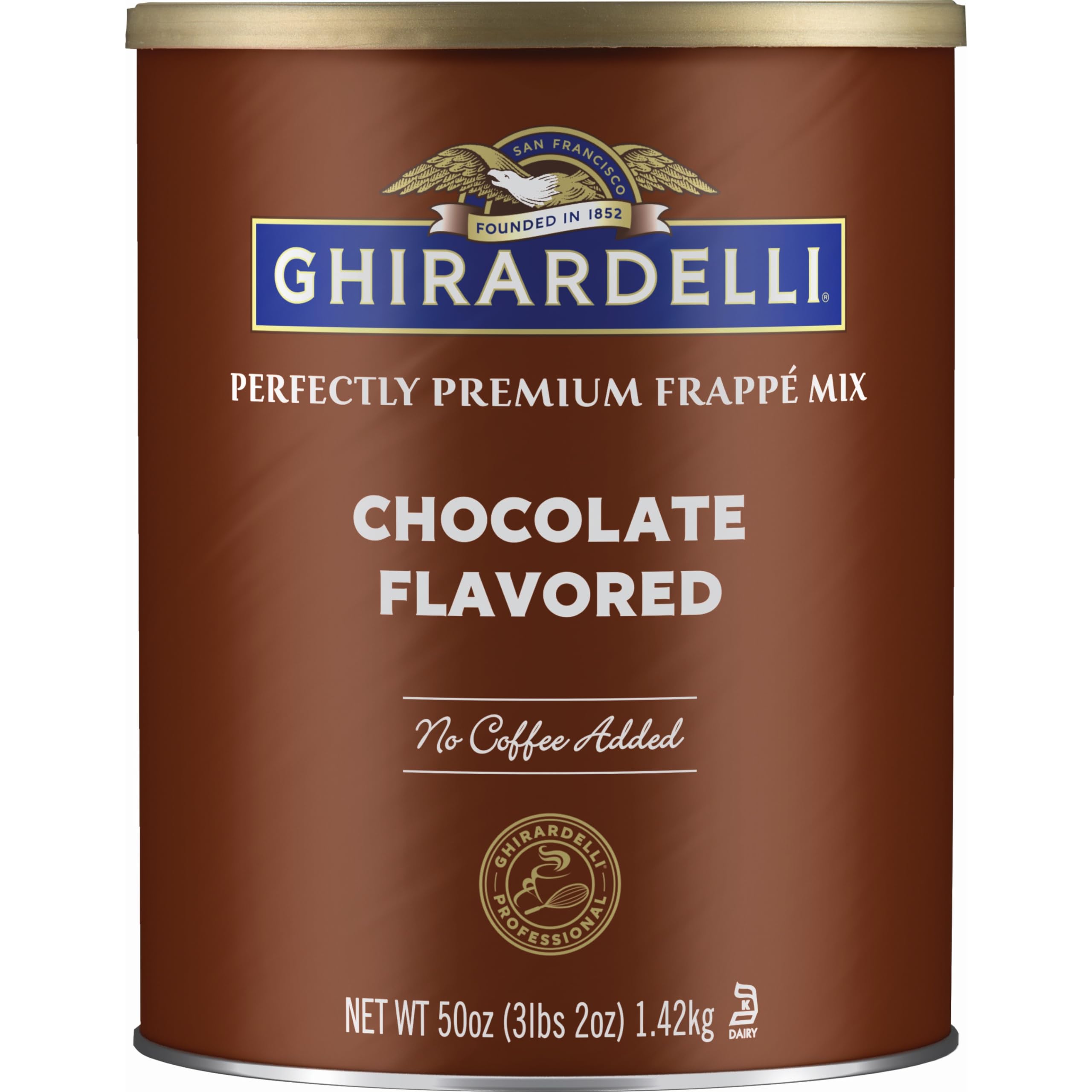 Ghirardelli front can showing label and serving suggestion, highlights brand quality