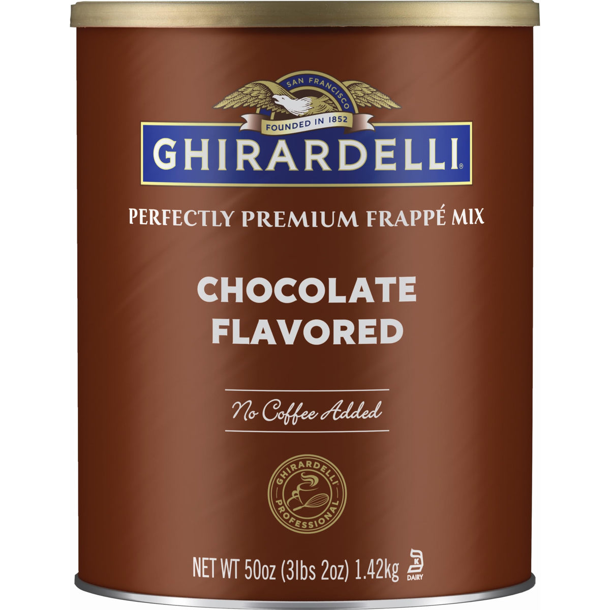 Ghirardelli front can showing label and serving suggestion, highlights brand quality