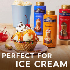 Ghirardelli drizzling sauce into a coffee cup, enhances mocha flavor instantly
