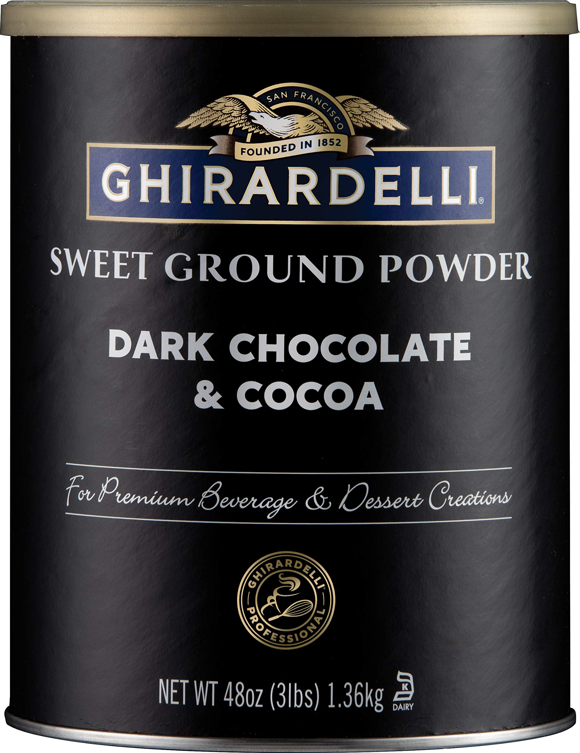 Ghirardelli front of can showing label and 3 lb size, clear product identity and convenience