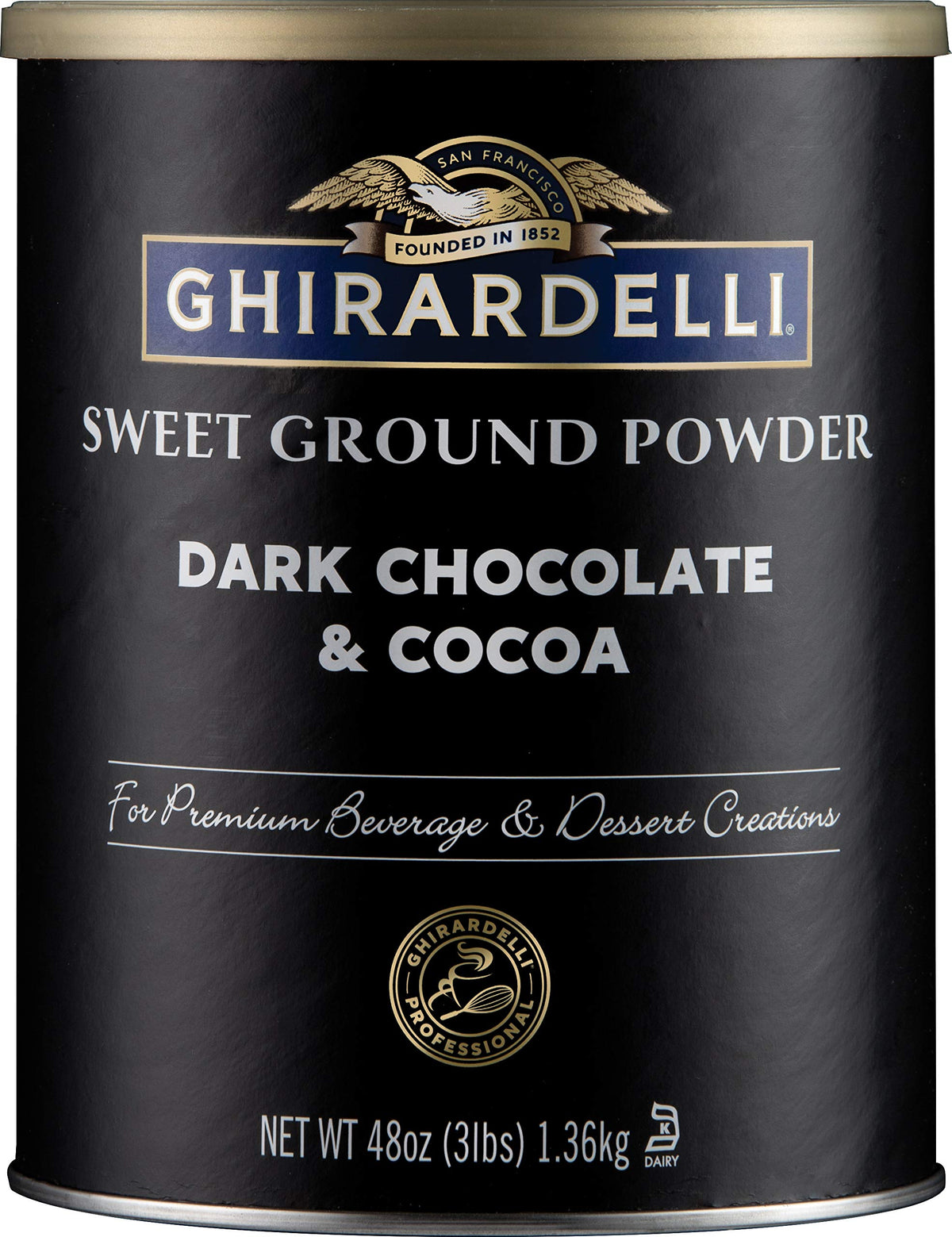 Ghirardelli front of can showing label and 3 lb size, clear product identity and convenience
