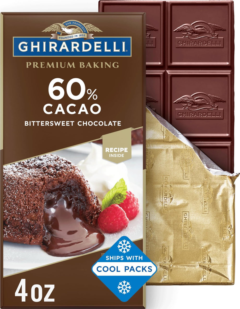 Ghirardelli front packaging showing 12-count baking bars for easy storage