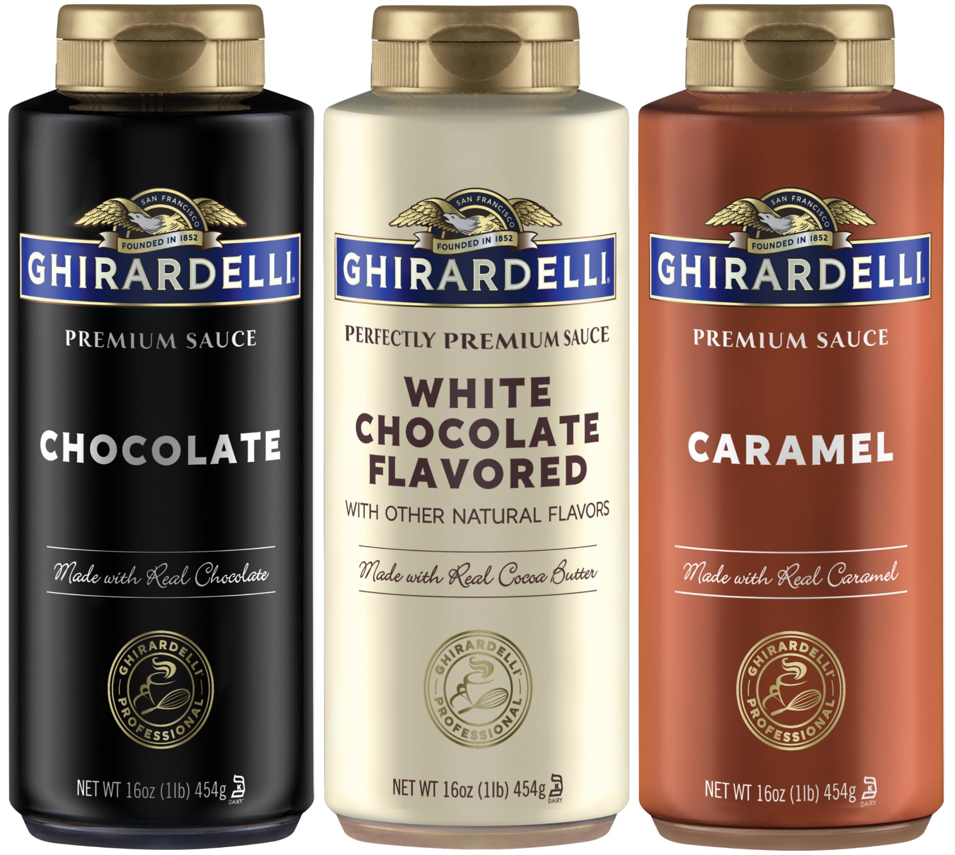 Ghirardelli front packaging set showing three squeeze bottles benefits quick topping
