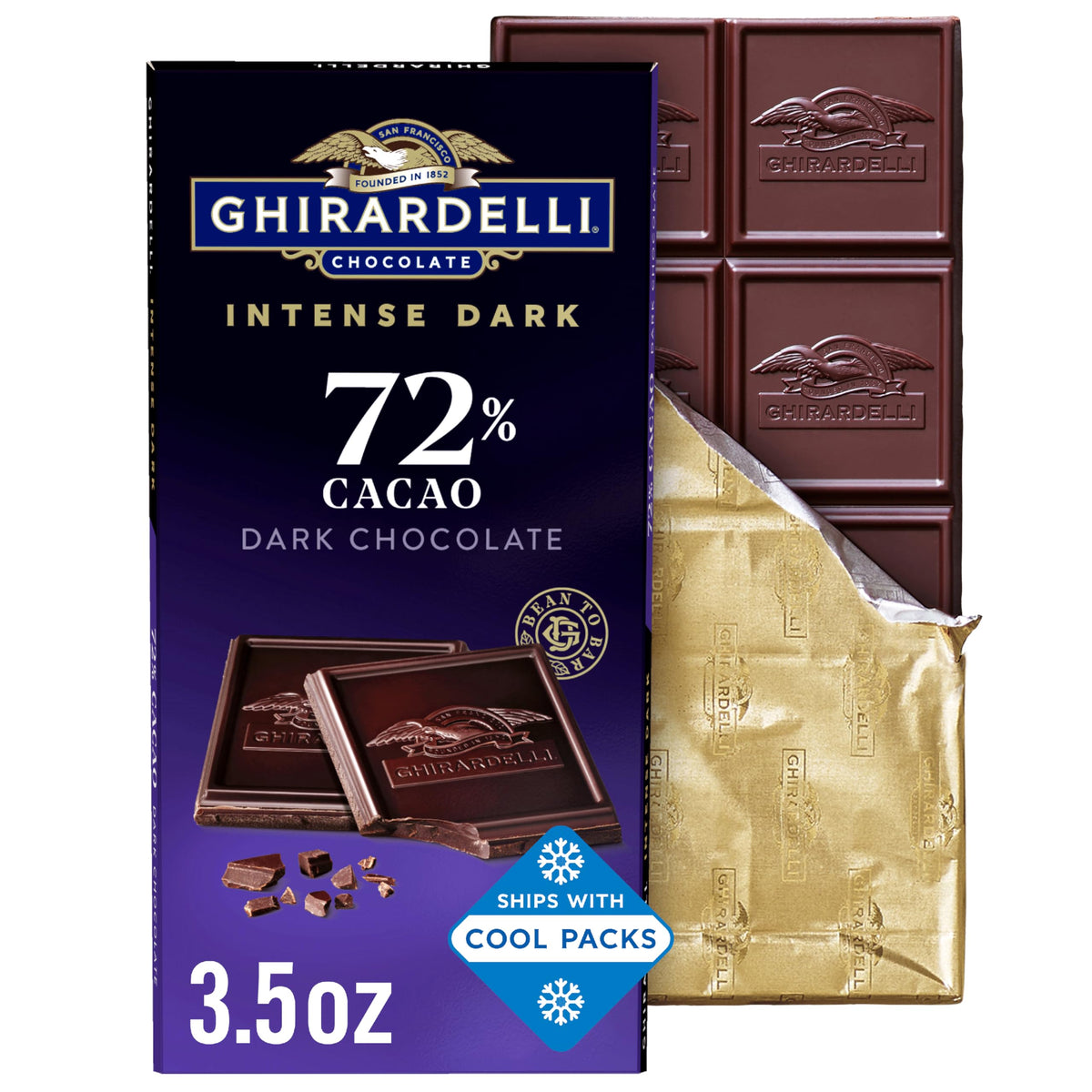 Ghirardelli front packaging showing 72% cacao and pack quantity for gifting
