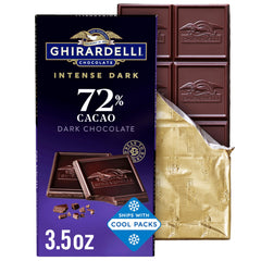 Ghirardelli front packaging showing 72% cacao and pack quantity for gifting