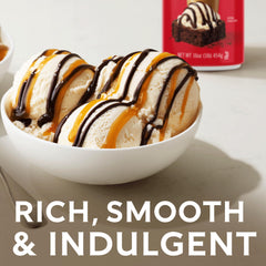 Ghirardelli pouring sauce over ice cream, creates glossy chocolate ribbons