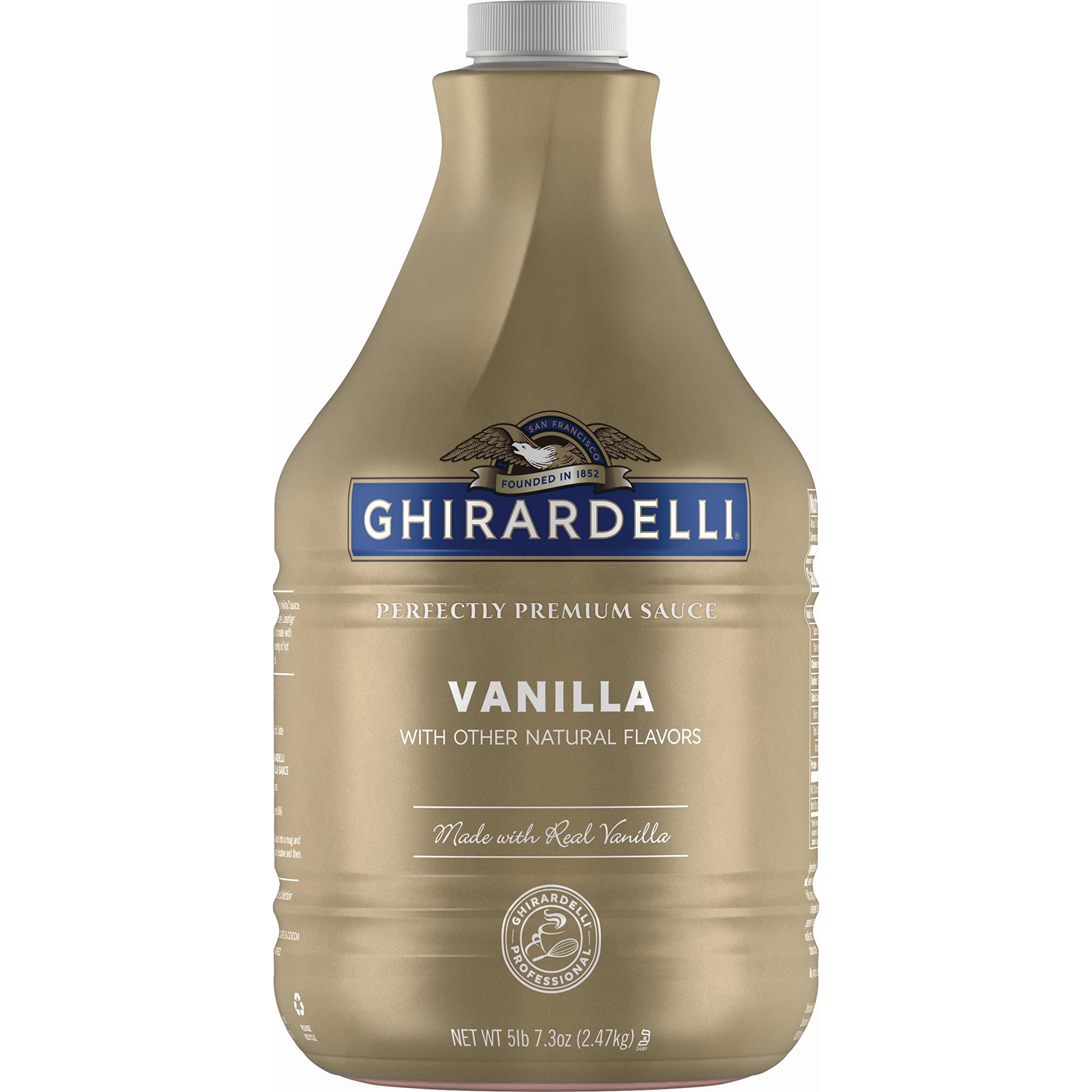 Ghirardelli bottle front view showing label and large 87.3-ounce size for bulk use