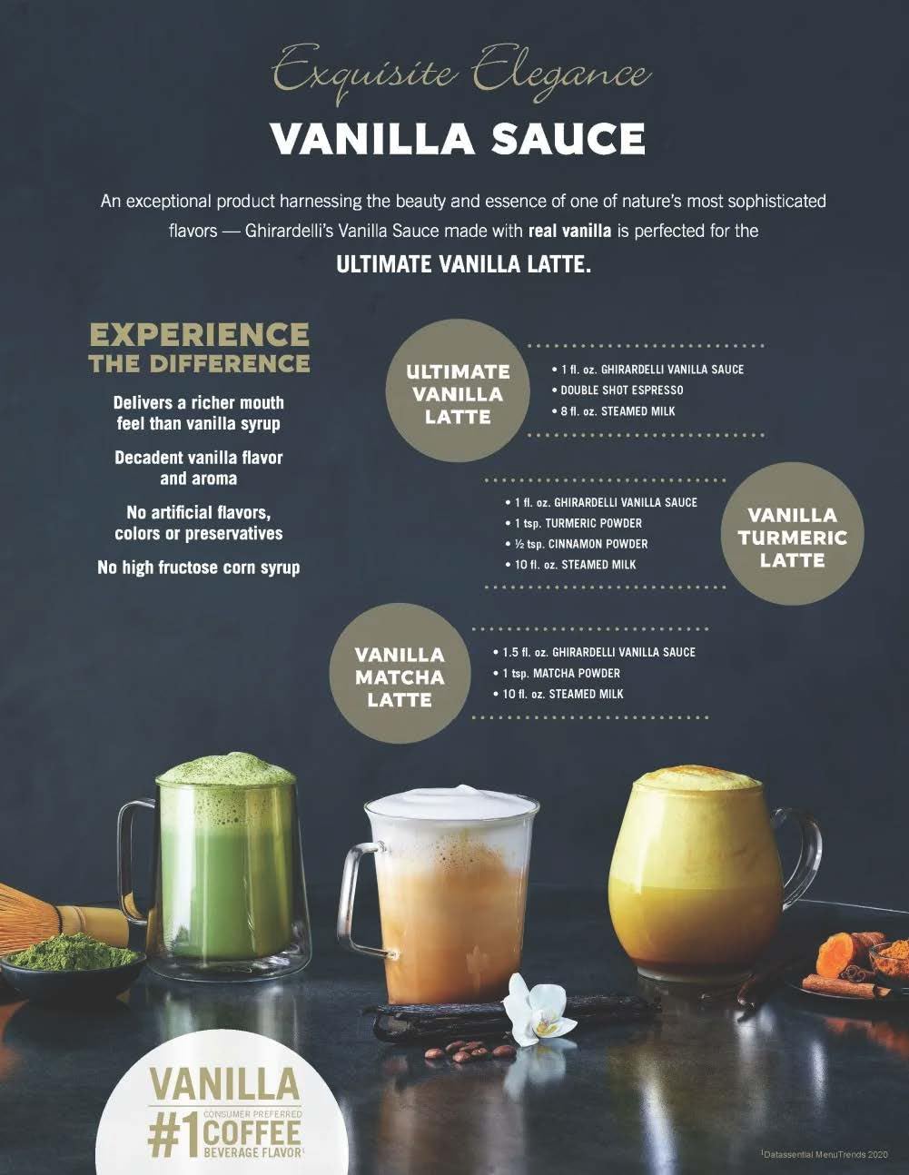 Close-up of vanilla sauce pouring showing Ghirardelli smooth texture and glossy sheen