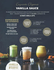 Close-up of vanilla sauce pouring showing Ghirardelli smooth texture and glossy sheen