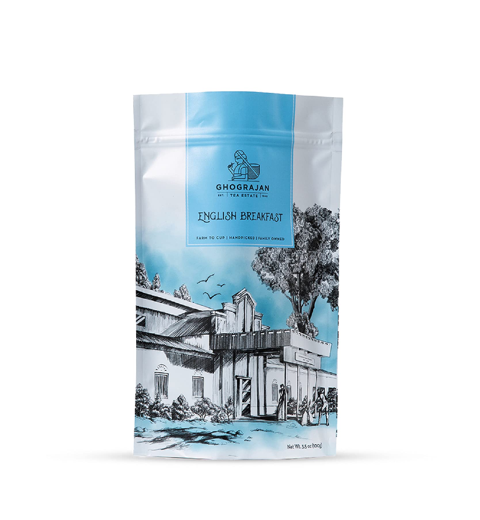 Ghograjan Tea Estate front pouch showing sealable design and fresh packaging benefit