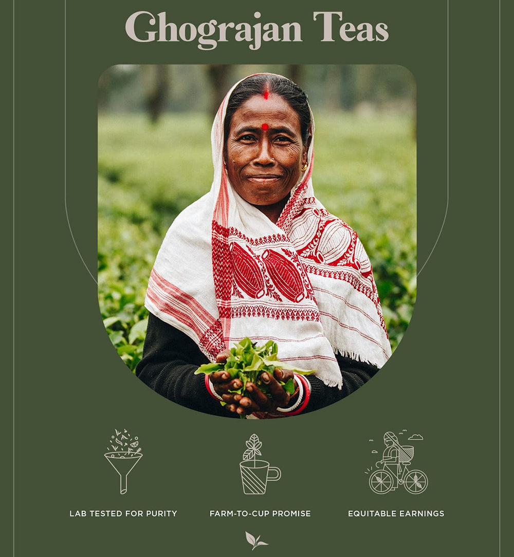 Ghograjan Tea Estate scoop beside teaspoon showing 1-pound quantity and servings