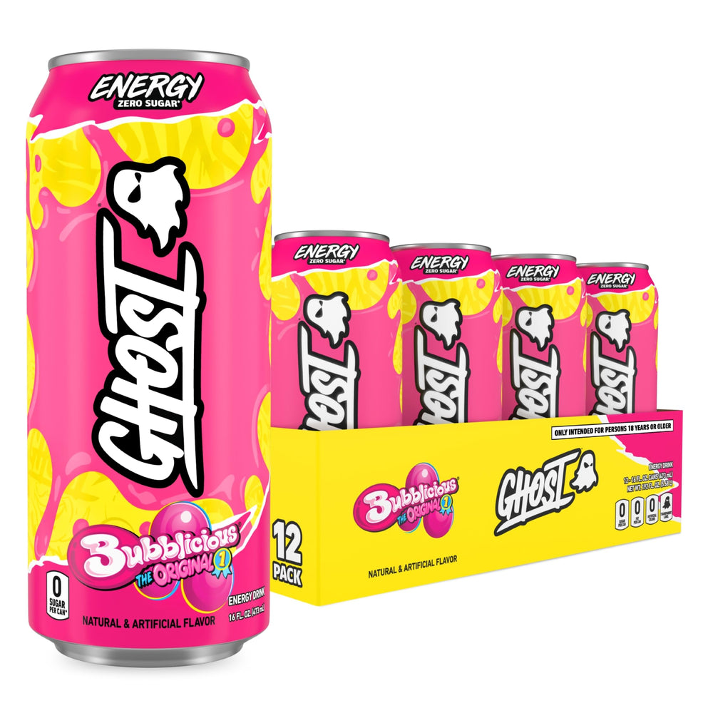 GHOST Bubblicious front packaging showing 12-pack and bold branding for shelf appeal