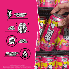 GHOST can in hand demonstrating 16oz size and portability for on-the-go energy