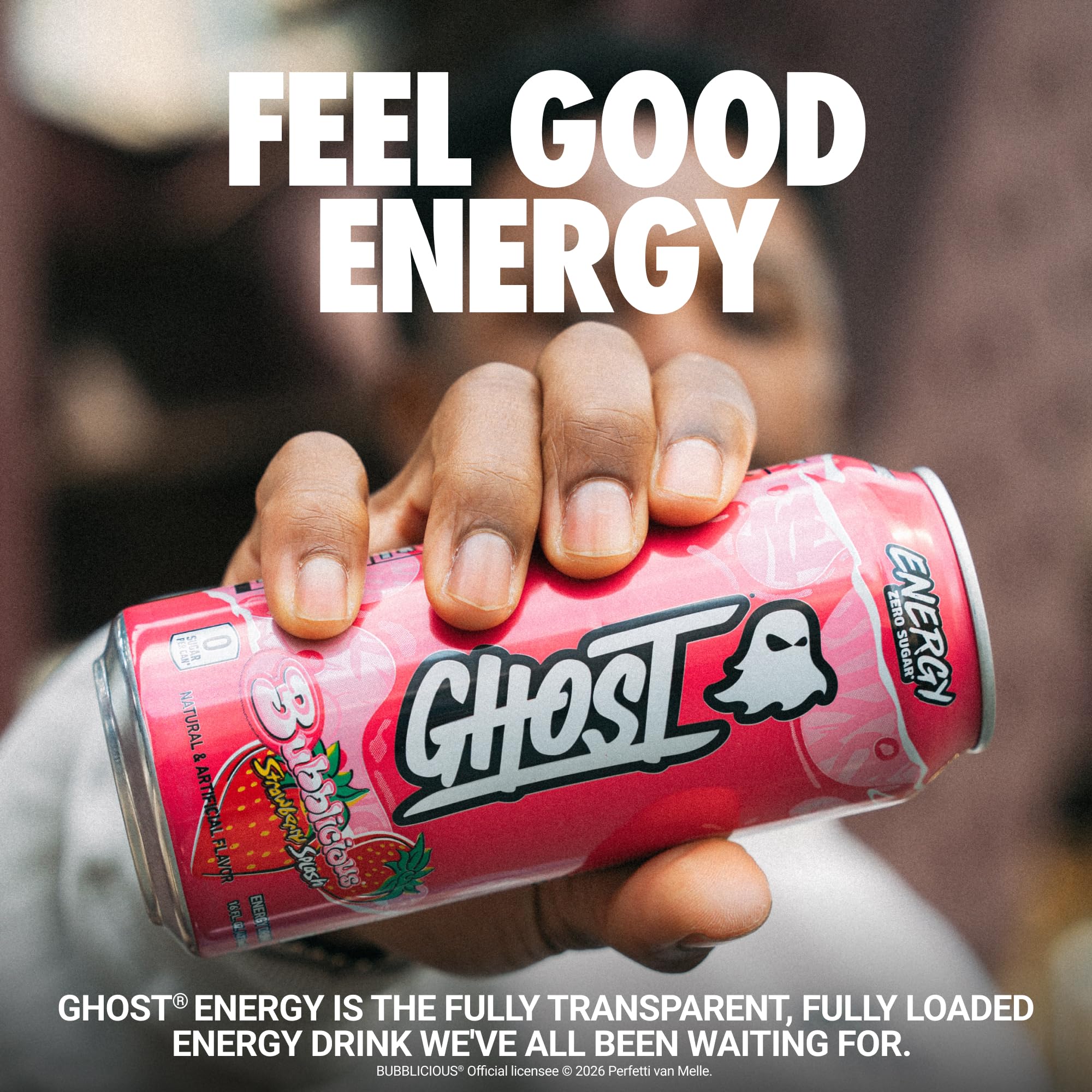 GHOST close-up label displaying transparent ingredient doses and caffeine amount