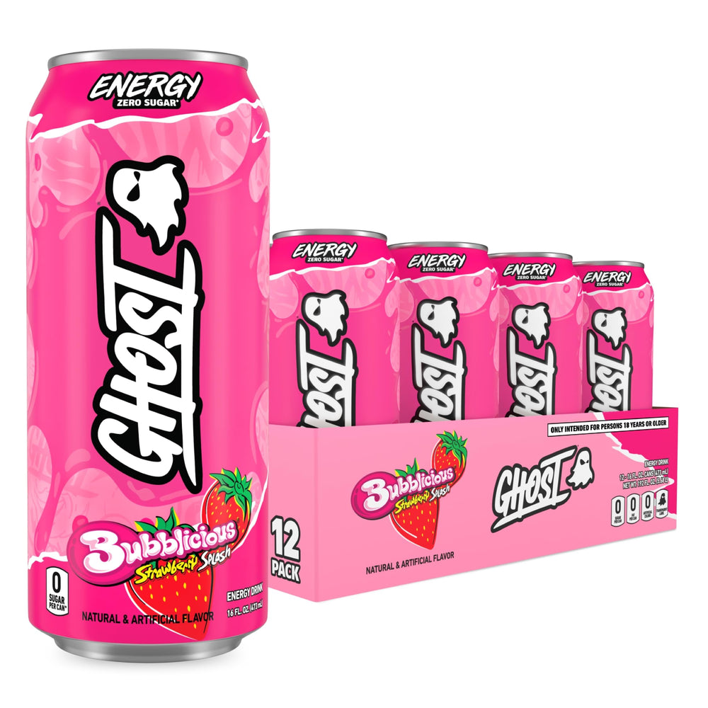 GHOST front packaging showing Bubblicious Strawberry Splash can and benefits