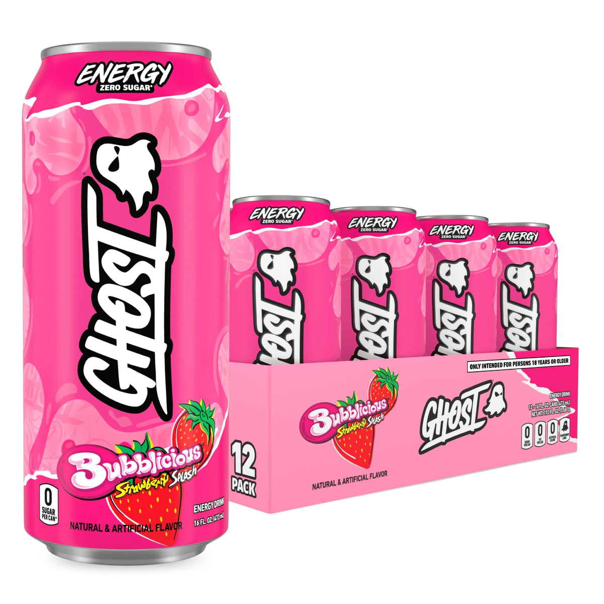 GHOST front packaging showing Bubblicious Strawberry Splash can and benefits