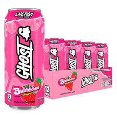 GHOST front packaging showing Bubblicious Strawberry Splash can and benefits
