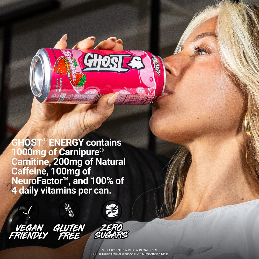 GHOST 12-pack case stacked to show packaging, quantity, and store-ready box