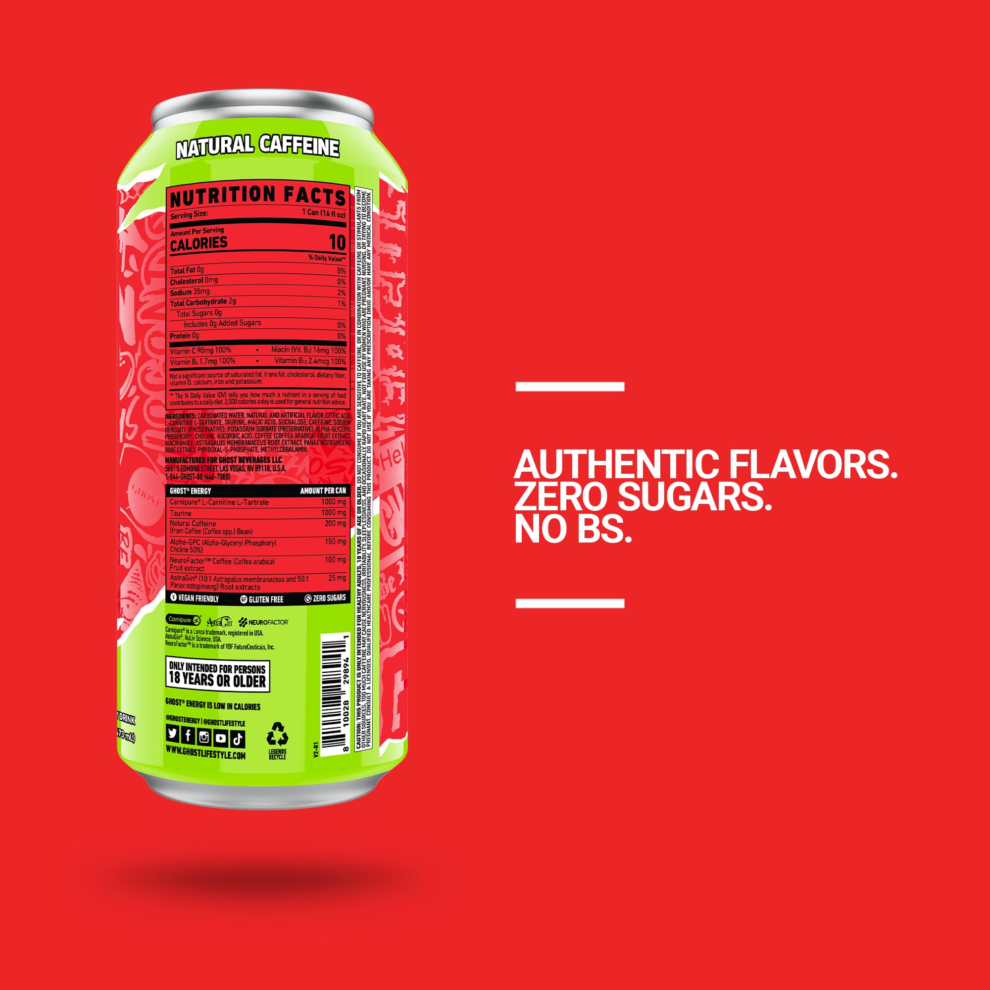 GHOST can side label close-up showing ingredient transparency and exact doses benefit