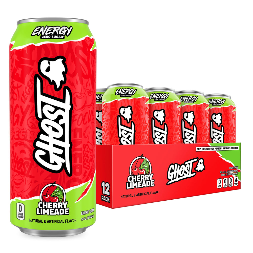 GHOST cherry limeade 12-pack front view showing cans and branding, clear product display