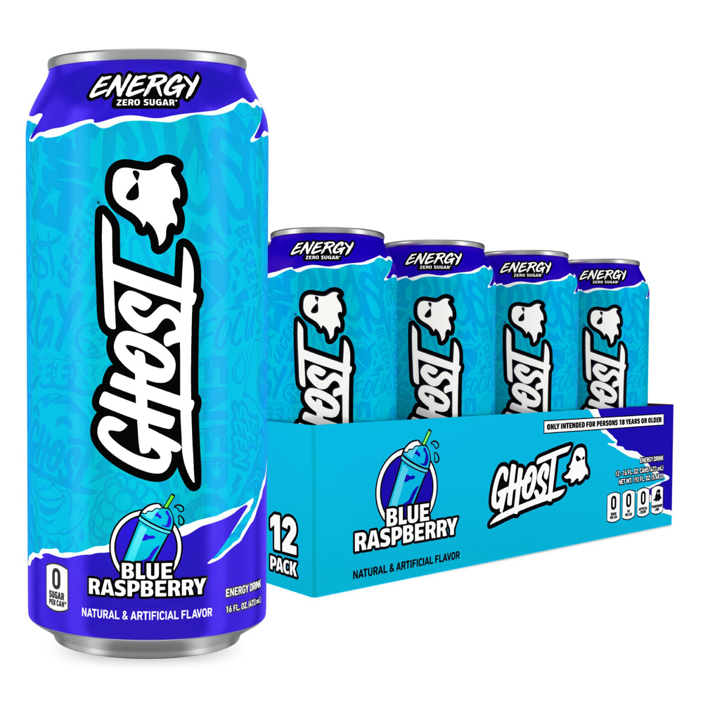 GHOST energy blue raspberry front packaging showing 12-pack and flavor clarity