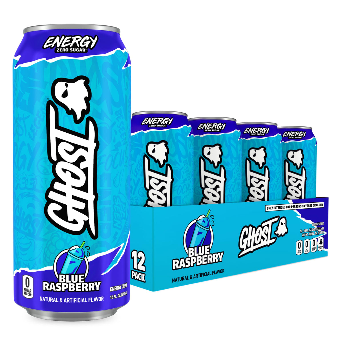 GHOST energy blue raspberry front packaging showing 12-pack and flavor clarity