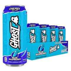 GHOST energy blue raspberry front packaging showing 12-pack and flavor clarity