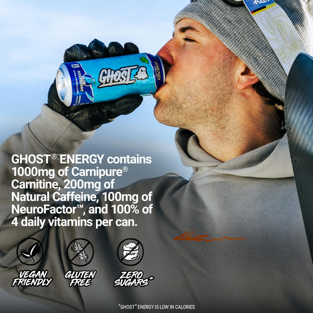 GHOST energy can held in hand to show 16oz size and portable convenience