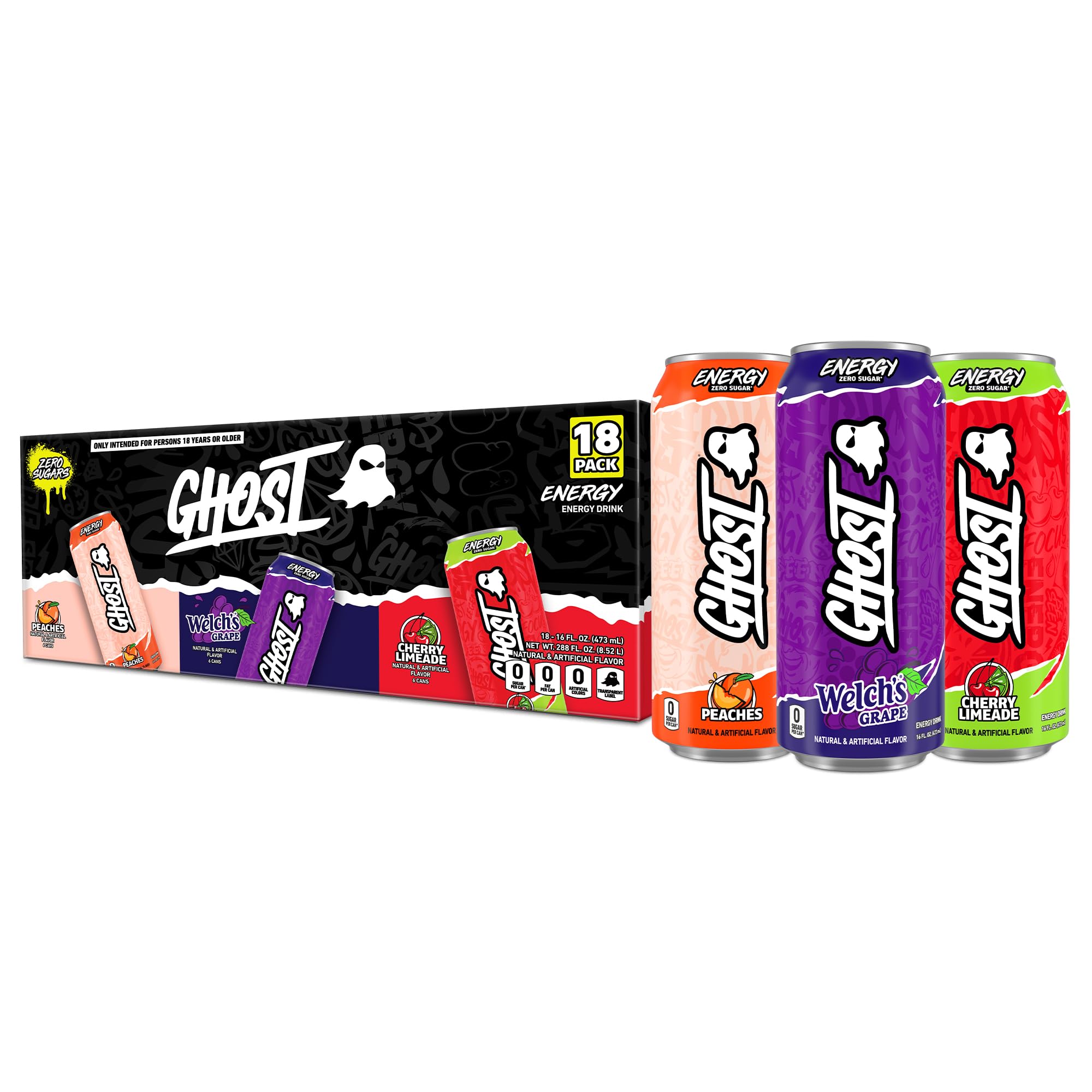 GHOST front packaging showing 18-pack and bold branding for easy selection