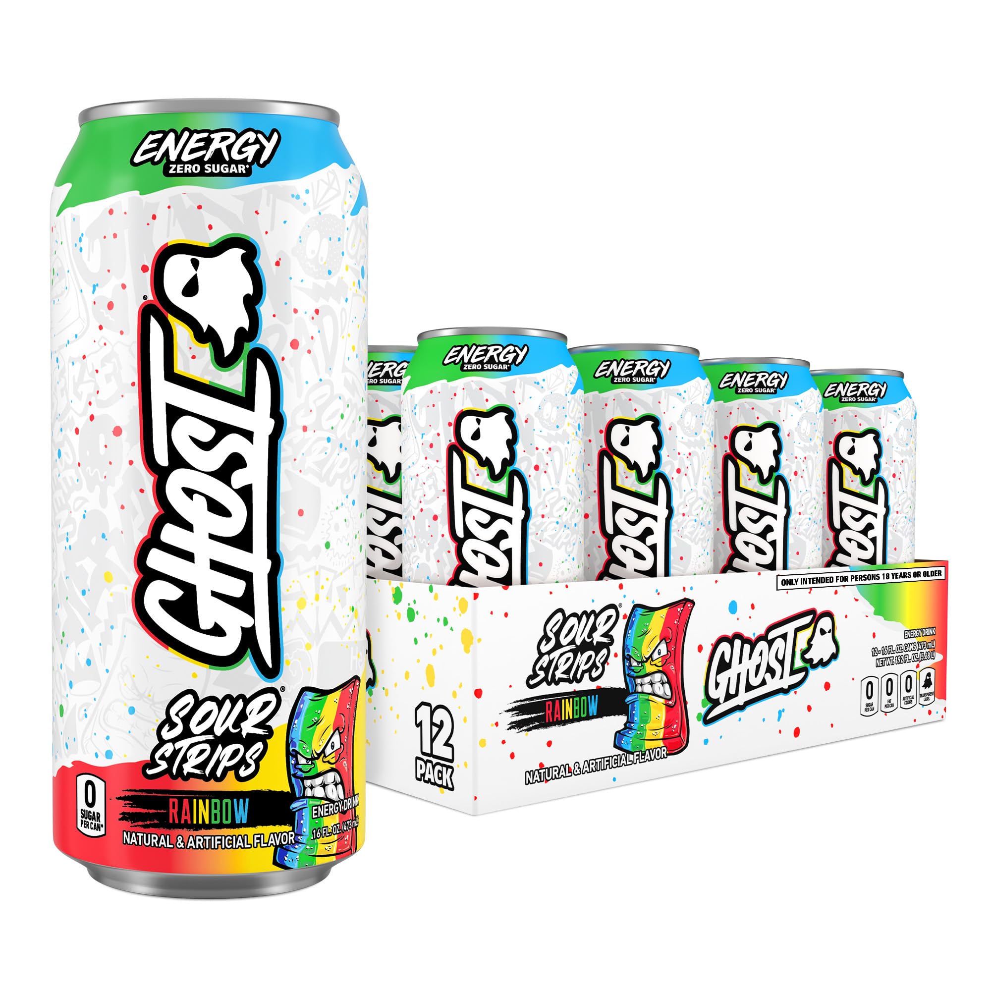 GHOST front can showing Sour Strips Rainbow branding and zero sugars benefit