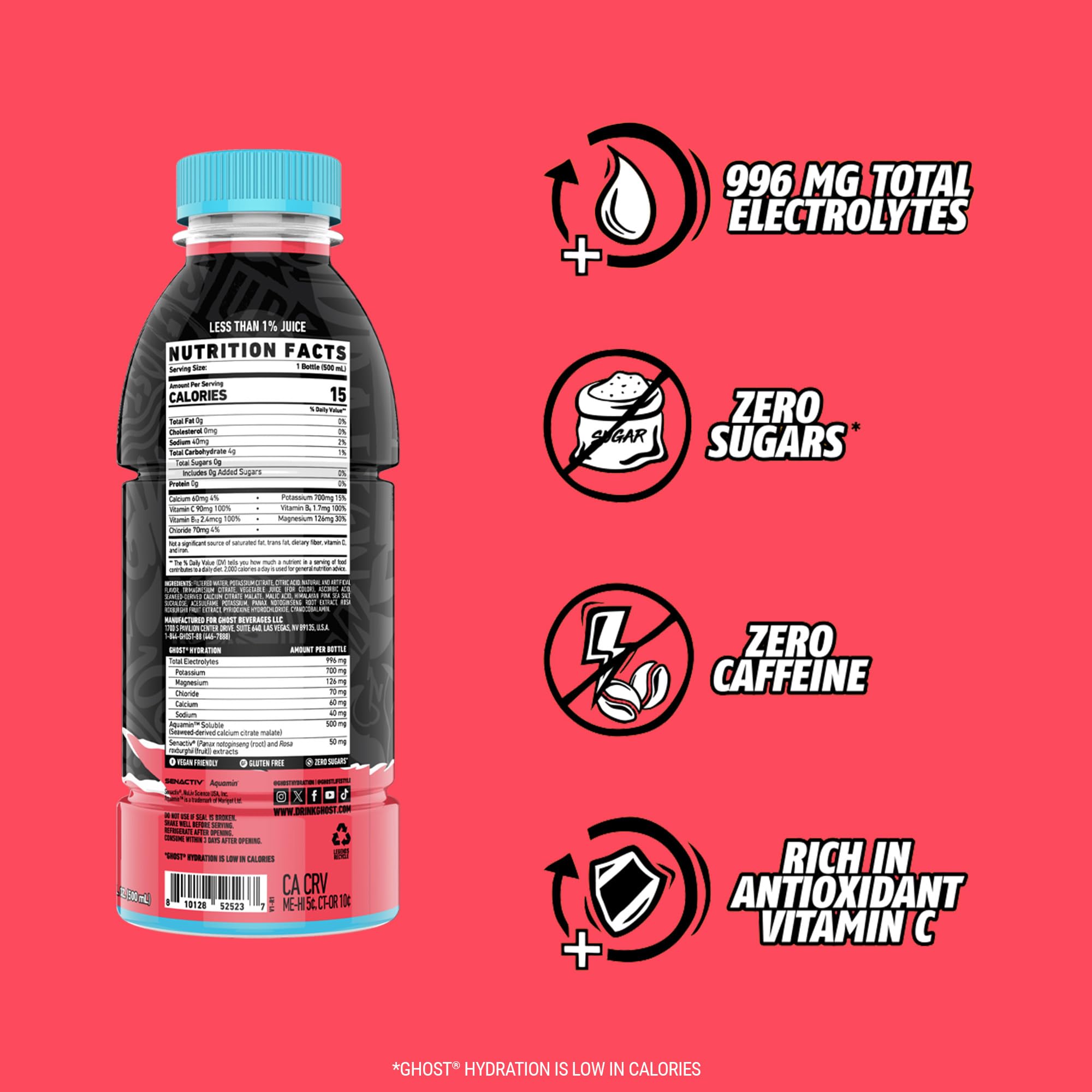 GHOST bottle held in hand to show 16.9 fl oz size and portability