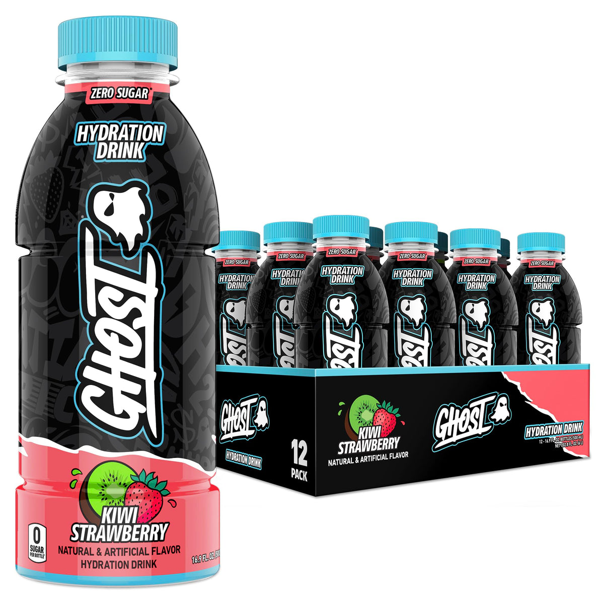 GHOST bottle front packaging showing kiwi strawberry flavor and clear benefits