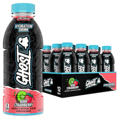 GHOST bottle front packaging showing kiwi strawberry flavor and clear benefits