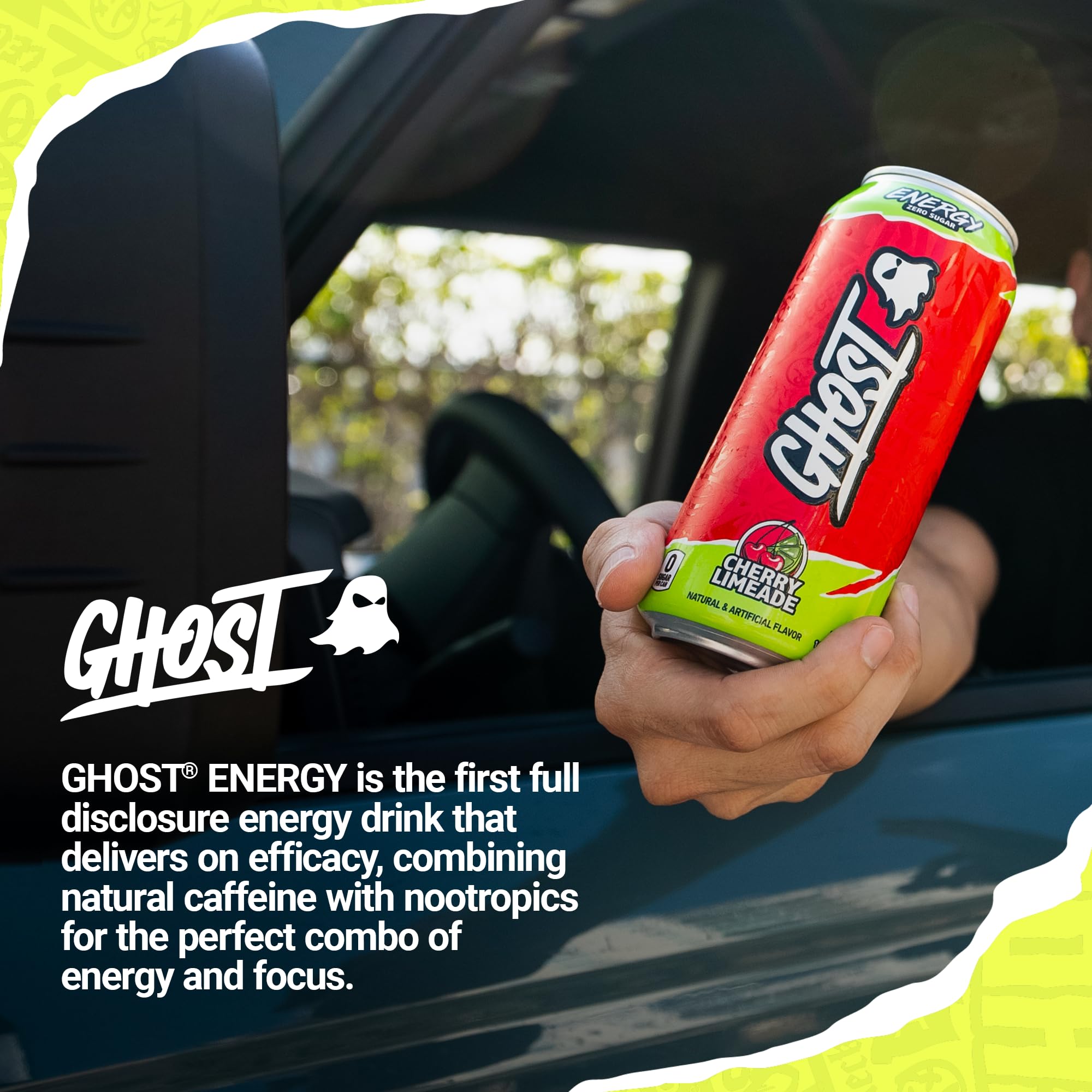 GHOST can on desk and near gym gear illustrating lifestyle use and quick energy