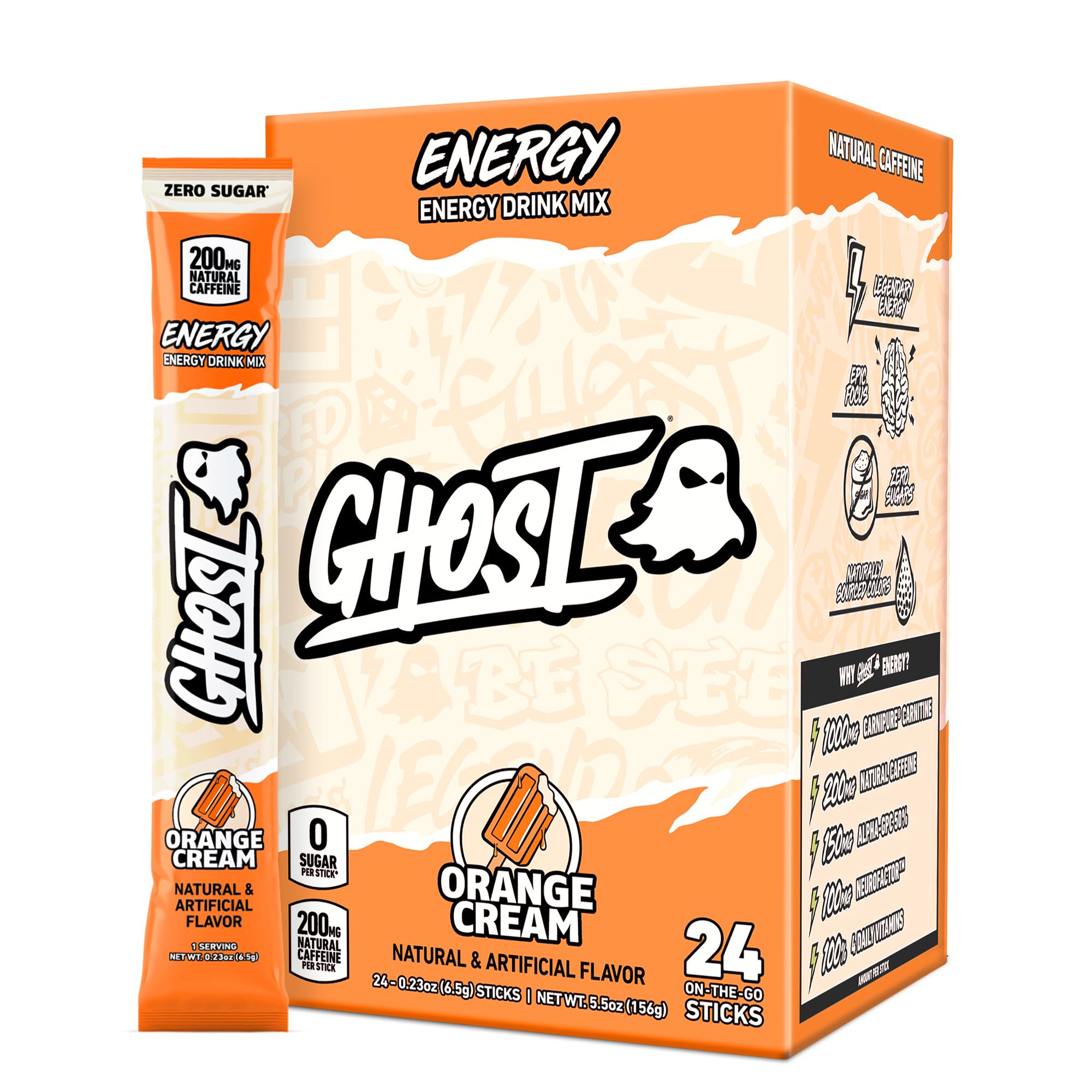GHOST front packaging showing 24 orange cream sticks and clear label benefits