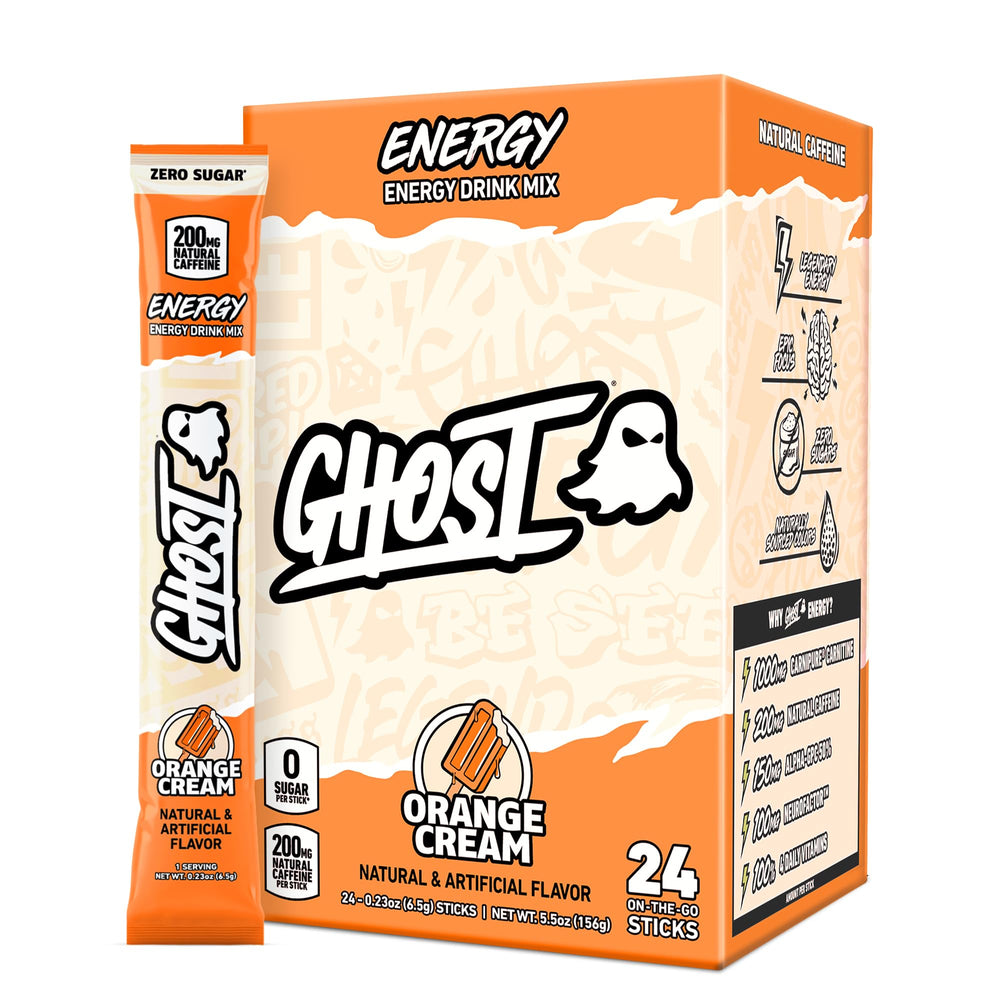 GHOST front packaging showing 24 orange cream sticks and clear label benefits