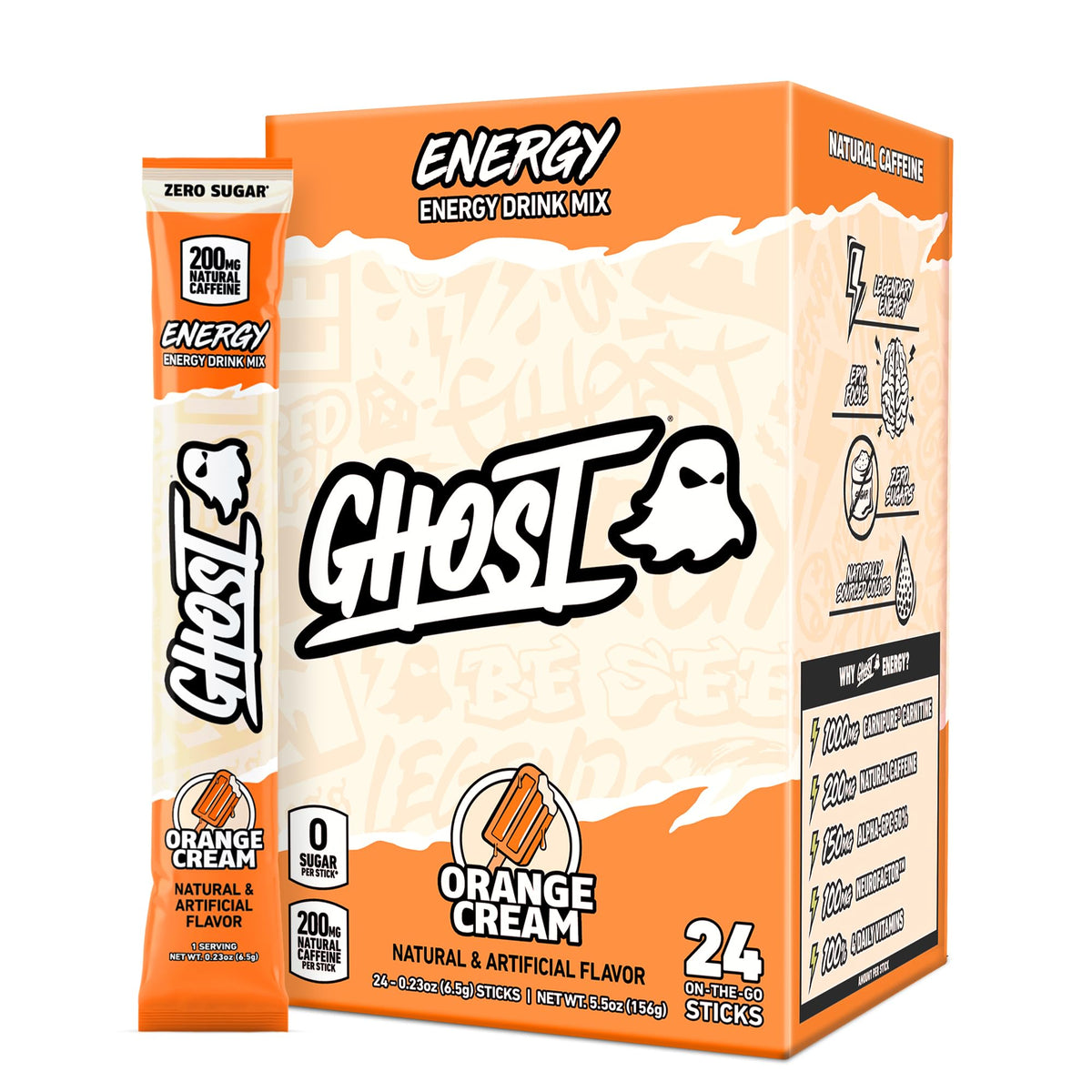 GHOST front packaging showing 24 orange cream sticks and clear label benefits