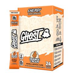GHOST front packaging showing 24 orange cream sticks and clear label benefits